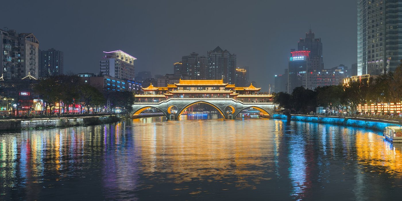 Anshun Bridge lit at night over the Jin River in Chengdu